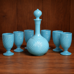 Blue Milk Glass Decanter and Goblet Set