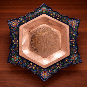 Pentagon Engraved Copper Pedestal plate with Enamel (Minakari) Rim