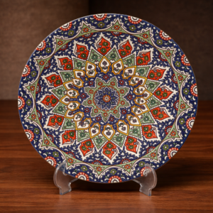 Decorative Enameled Pottery Plate With Geometric Pattern